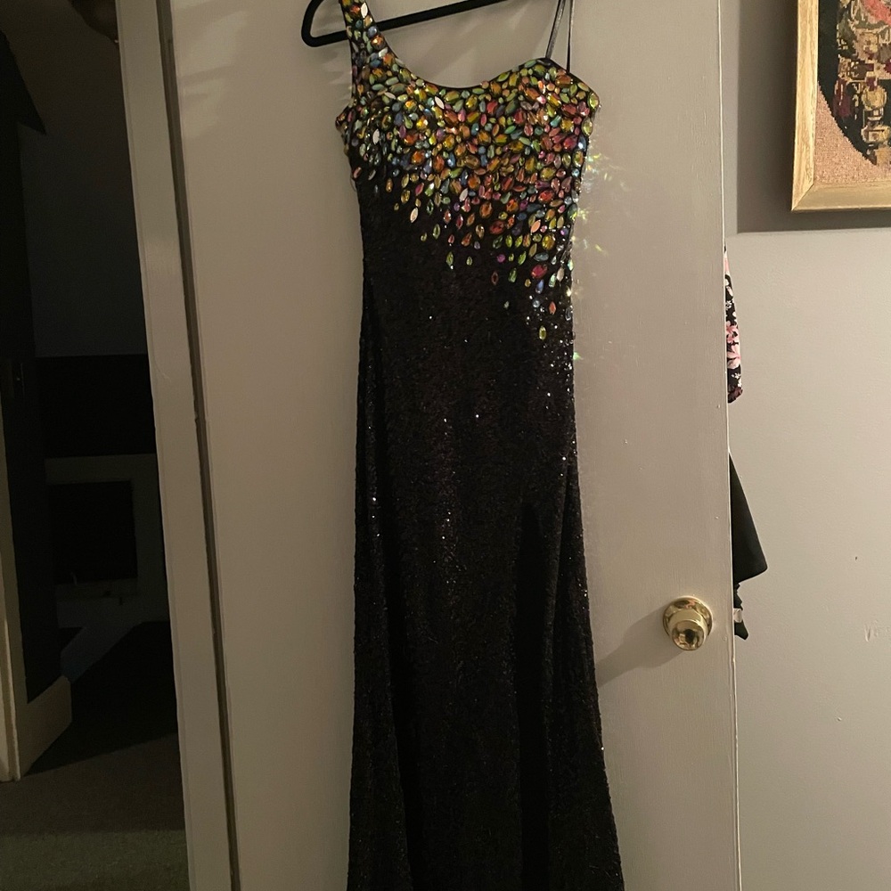 La Femme One Shoulder Black Dress with Colorful Embellishments